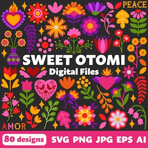 Sweet Otomi Digitale Dateien, SVG PNG JPG, Clipart, Schnittdateien, Grafiken, Cricut, Mexikanisch, Fiesta, Volkskunst, Flores, Valentines, Blumen, Herzen