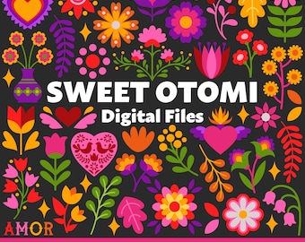 May include: A collection of 80 digital files featuring colorful, whimsical designs inspired by Otomí embroidery. The designs include flowers, hearts, and other motifs in a vibrant palette of pink, red, yellow, orange, green, and blue. The text "SWEET OTOMÍ Digital Files" and "80 designs SVG PNG JPG EPS AI" are also included in the image.