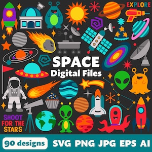Fichiers numériques de l'espace, SVG PNG JPG, cliparts, fichiers coupés, icônes, Cricut, galaxie, anniversaire, système solaire, fusée, navette spatiale, planètes, extraterrestres