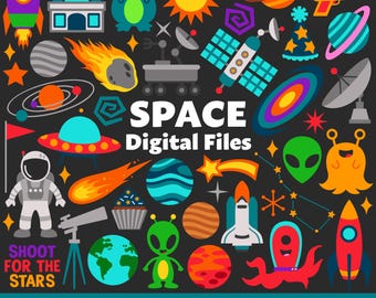 Space Digital Files, SVG PNG JPG, Clipart, Cut Files, Icons, Cricut, Galaxy, Birthday, Solar System, Rocket, Space Shuttle, Planets, Aliens