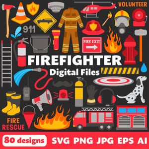 May include: A set of 80 digital firefighter clip art illustrations in SVG, PNG, JPG, EPS, and AI formats. The illustrations include a fire truck, fire hydrant, fire extinguisher, firefighter helmet, ladder, axe, hose, and other firefighting equipment. The illustrations are in a cartoon style and are perfect for creating firefighter-themed crafts, projects, and designs.