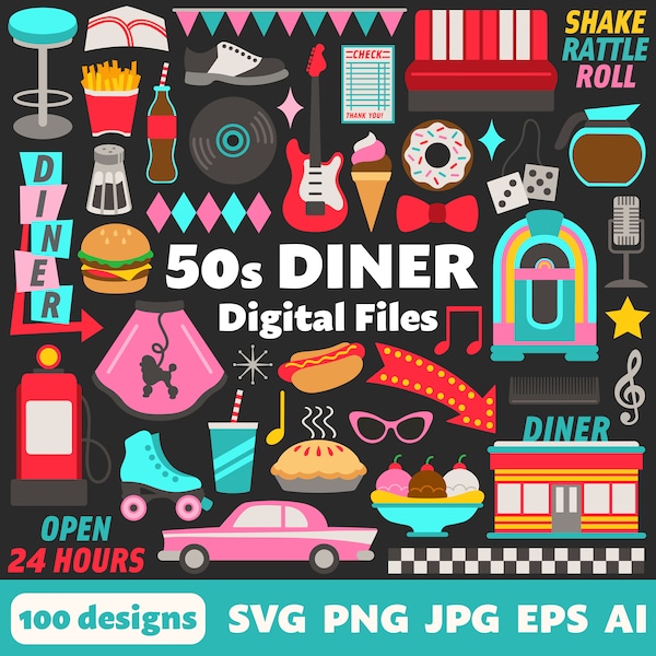 50s Diner Digital Files, SVG PNG JPG, Clipart, Cut Files, Icons, Cricut, 1950s, Retro, Vintage, Jukebox, Mid Century, Sock Hop, Rock & Roll