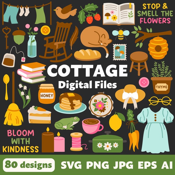 Cottage Digital Files, SVG PNG JPG, Clipart, Cut Files, Cricut, Cottagecore, Cozy, Aesthetic, Garden, Spring, Farm, Hygge, Picnic, Flowers