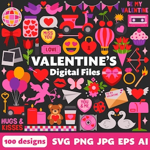 Valentine&#39;s Day Digital Files, SVG PNG JPG, Clipart, Cut Files, Cricut, Graphics, Printable, February, Romance, Pink, Cupid, Kiss, Hearts