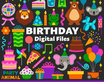 Birthday Digital Files, SVG PNG JPG, Clipart, Cut Files, Printable, Icons, Cricut, Party, Cake, Candles, Presents, Confetti, Decorations