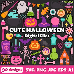 Cute Halloween Digital Files, SVG PNG JPG, Clipart, Cut Files, Printable, Cricut, Pastel, Spooky, Trick or Treat, Pumpkin, Ghost, Bat, Candy