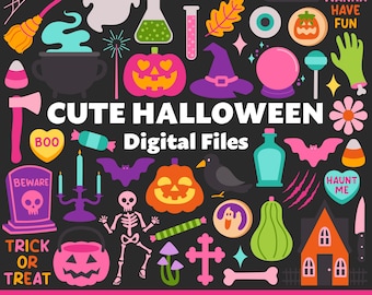 Lindos archivos digitales de Halloween, SVG, PNG, JPG, imágenes prediseñadas, archivos de corte, imprimibles, Cricut, pastel, espeluznante, truco o trato, calabaza, fantasma, murciélago, dulces