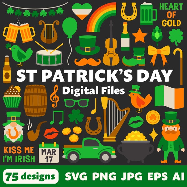 Saint Patrick's Day Digital Files, SVG PNG JPG, Clipart, Cut Files, Cricut, Icons, Spring, Shamrock, Clover, Irish, Leprechaun, Beer, Gold