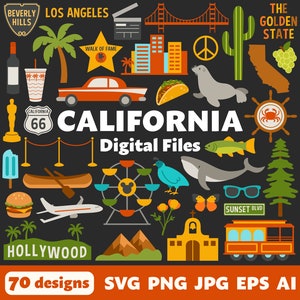 Fichiers numériques californiens, SVG PNG JPG, Clipart, fichiers coupés, imprimables, Cricut, Los Angeles, Hollywood, San Francisco, côte ouest, plage, mignon