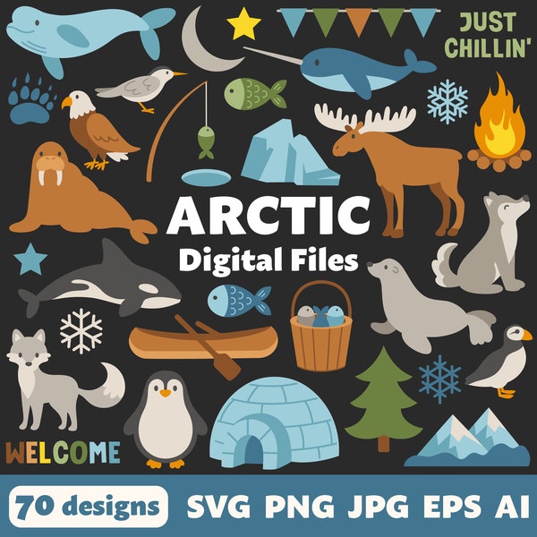 Arctic Digital Files, SVG PNG JPG, Clipart, Cut Files, Cricut, Winter, Antarctica, Tundra, Snow, Ice, Penguin, Polar Bear, Walrus, Wolf