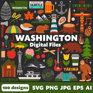 May include: A collection of colorful digital designs featuring Washington State icons. Includes a map, Seattle license plate, lighthouse, bear, Sasquatch, Space Needle, and text that reads "WASHINGTON Digital Files" and "100 designs SVG PNG JPG EPS AI".