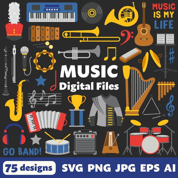 Music Digital Files, SVG PNG JPG, Clipart, Cut Files, Cricut, Printable, Orchestra, Symphony, School, Marching, Band, Guitar, Tuba, Trumpet