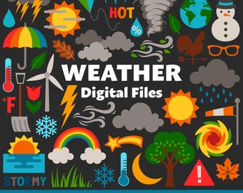 Weather Digital Files, SVG PNG JPG, Clipart, Cut Files, Cricut, Printable, Seasons, Temperature, Clouds, Rain, Sun, Snow, Wind, Tornado