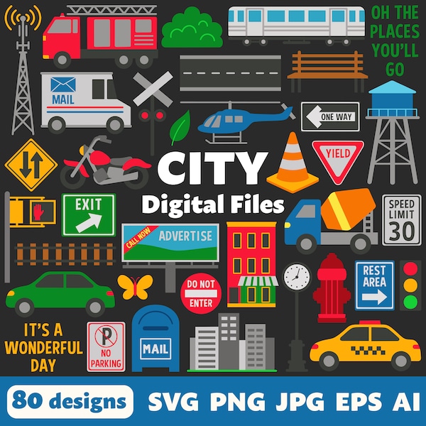 City Digital Files, SVG PNG JPG, Clipart, Cut Files, Cricut, Transportation, House, Car, Truck, Vehicles, Train, Traffic Signs, Park, Town