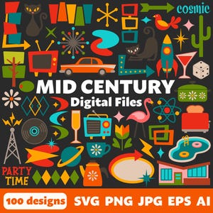 Moderne digitale bestanden halverwege de eeuw, SVG PNG JPG, Clipart, gesneden bestanden, pictogrammen, afdrukbaar, retro, vintage, atoomtijdperk, ruimtetijdperk, jaren 40, 50, 60