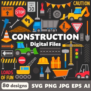 Fichiers numériques de construction, SVG PNG JPG, cliparts, fichiers coupés, Cricut, anniversaire, circulation, travaux publics, camion, bulldozer, chariot élévateur, tracteur