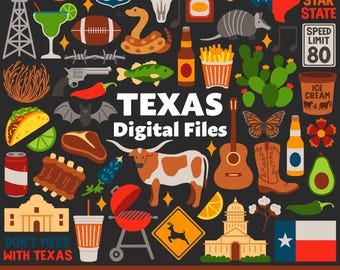 May include: A collection of 100 digital design files featuring Texas-themed illustrations. The designs include a variety of icons, such as a longhorn steer, a cactus, a cowboy hat, a guitar, a taco, a chili pepper, a road sign, a state flag, and more. The text "TEXAS Digital Files" is featured in the centre of the image. The text "100 designs SVG PNG JPG EPS AI" is featured at the bottom of the image.