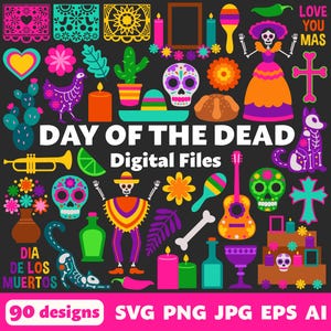 Fichiers numériques Le jour des morts, SVG PNG JPG, Clipart, fichiers coupés, imprimables, Cricut, Dia de los Muertos, mexicain, souci, crâne en sucre, autel