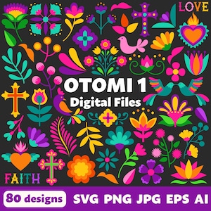 Fichiers numériques Otomi 1, SVG PNG JPG, clipart, fichiers coupés, Cricut, coloré, mexicain, Mexique, art populaire, Cinco de Mayo, Fiesta, Flores, fleurs