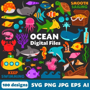 Digitala havsfiler, SVG PNG JPG, Clipart, Klippfiler, Cricut, Utskrivbara, Illustrationer, Barn, Strand, Akvatisk, Fisk, Akvarium, Under havet