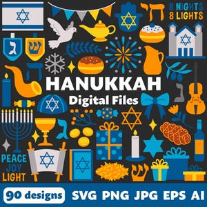 Arquivos digitais de Hanukkah, PNG SVG JPG, Clipart, Arquivos de corte, Cricut, Inverno, Judaico, Menorá, Torá, Estrela de Davi, Dreidel, Shofar, Sufganiyot