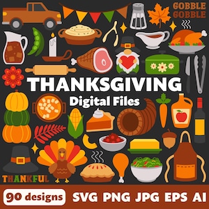 Arquivos digitais de Ação de Graças, SVG PNG JPG, Clipart, Arquivos de corte, Imprimível, Outono, Novembro, Comida, Abóbora, Peru, Torta, Família, Reunião