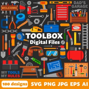 Archivos digitales de caja de herramientas, SVG, PNG, JPG, imágenes prediseñadas, archivos de corte, Cricut, herramientas, Día del Padre, herramientas eléctricas, personal de mantenimiento, carpintero, taladro, sierra, martillo