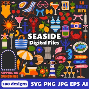 May include: A collection of colorful seaside-themed digital designs. The image includes illustrations of a swimsuit, sunglasses, a cocktail, a lobster, a scooter, a lighthouse, and the text "SEASIDE Digital Files". The bottom text reads "100 designs SVG PNG JPG EPS AI".