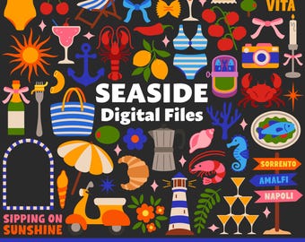 Archivos digitales costeros, SVG, PNG, JPG, imágenes prediseñadas, archivos de corte, iconos, estética, verano europeo, Italia, La Dolce Vita, Mediterráneo, costa, playa