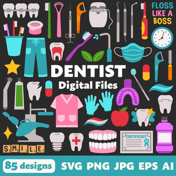 Fichiers numériques de dentiste, SVG PNG JPG, cliparts, fichiers de coupe, Cricut, icônes, soins dentaires, assistant dentaire, hygiéniste, orthodontiste, dent, soins de santé