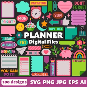 Könnte beinhalten: Eine Sammlung farbenfroher digitaler Planer-Elemente, darunter Sprechblasen, eine Uhr, ein Herz und ein Sparschwein. Text enthält "Planner Digital Files", "August", "October" und "100 designs".