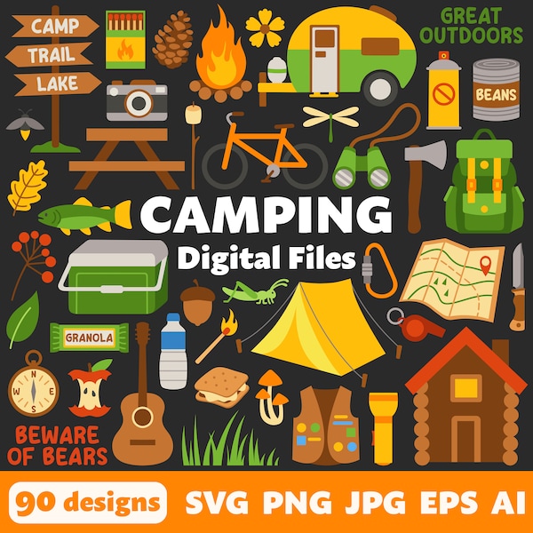 Camping Digital Files, SVG PNG JPG, Clipart, Cut Files, Cricut, Summer, Outdoors, Camp, Woods, Forest, Hiking, Tent, Nature, Wilderness