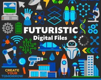 Futuristic Digital Files, SVG PNG JPG, Clipart, Cut Files, Icons, Printable, Sci Fi, Robots, Technology, Ecology, Modern, Space, Science