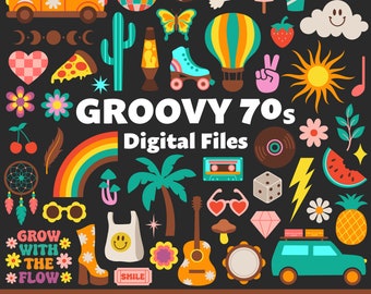 Groovy 70s Digital Files, SVG PNG JPG, Clipart, Cut Files, Graphics, Cricut, Retro, Boho, Hippie, Aesthetic, 1970s, Peace, Decades, Summer