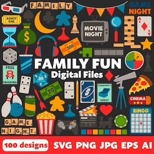 Archivos digitales de diversión familiar, SVG, PNG, JPG, imágenes prediseñadas, archivos de corte, Cricut, imprimibles, juegos de mesa, juegos de mesa, noche de cine, casino, rompecabezas, dados