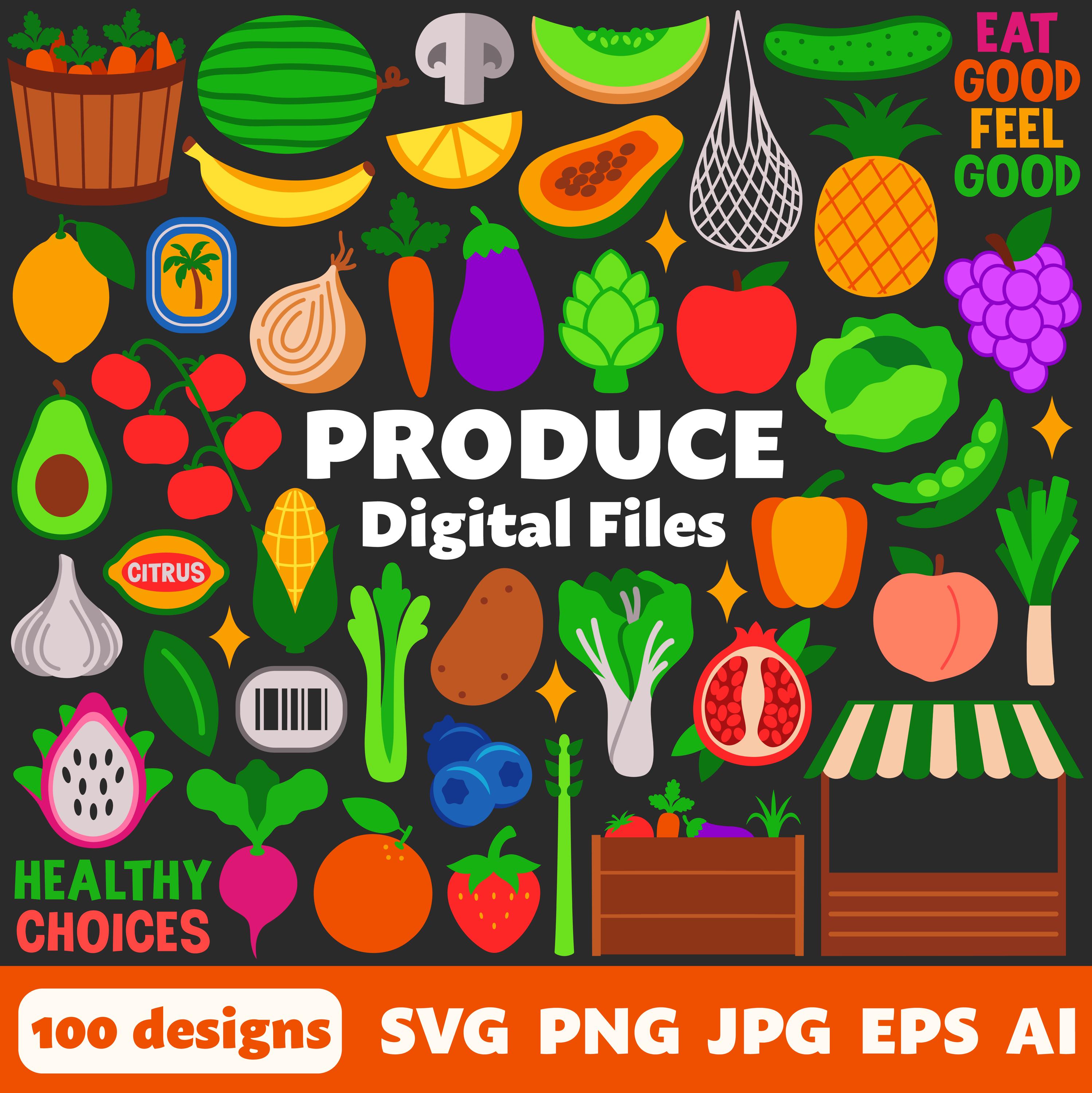 Produce Digital Files, SVG PNG JPG, Clipart, Cut Files, Cricut, Printable, Icons, Food, Fruit, Vegetables, Grocery, Healthy, Farmers Market
