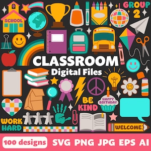 Könnte beinhalten: Ein Set mit 100 bunten Klassenzimmer-Clipart-Bildern in den Formaten SVG, PNG, JPG, EPS und AI. Die Bilder beinhalten ein Schulhaus, einen Globus, eine Trophäe, Buntstifte, einen Regenbogen, ein Buch, einen Rucksack, einen Schulbus, ein Peace-Zeichen, eine Glühbirne, eine Blume, einen Handabdruck, ein Herz und vieles mehr.
