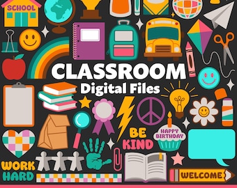 Classroom Digital Files, SVG PNG JPG, Clipart, Cut Files, Printable, Bulletin Board, Teacher, Decor, Retro, Groovy, Boho, Rainbow, School