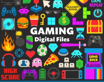 Gaming Digital Files, SVG PNG JPG, Clipart, Cut Files, Graphics, Icons, Cricut, Video Games, Arcade, Retro, 80s, Controller, Neon, Gamer