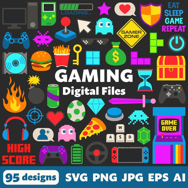 Gaming Digital Files, SVG PNG JPG, Clipart, Cut Files, Graphics, Icons, Cricut, Video Games, Arcade, Retro, 80s, Controller, Neon, Gamer
