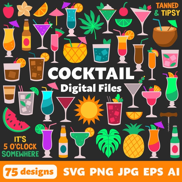 Cocktail Digital Files, SVG PNG JPG, Clipart, Cut Files, Cricut, Drinks, Alcohol, Summer, Spirits, Beach, Tiki, Luau, Bar, Tropical, Liquor