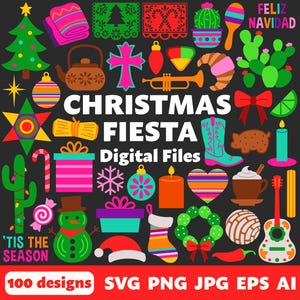 Fichiers numériques Christmas Fiesta, SVG PNG JPG, Clipart, fichiers coupés, Cricut, mexicain, cactus, Serape, Pan Dulce, Papel Picado, Feliz Navidad