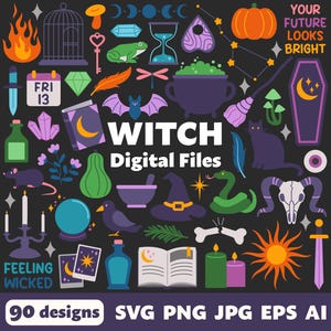 Digitale heksenbestanden, SVG PNG JPG, Clipart, gesneden bestanden, Afdrukbaar, Cricut, Halloween, ketel, slecht, astrologie, spookachtig, gotisch, magisch, vleermuis