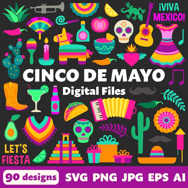 Cinco De Mayo Digital Files, SVG PNG JPG, Clipart, Cut Files, Icons, Cricut, Fiesta, Margarita, Mexican, Poncho, Taco, Otomi, Piñata, Cactus