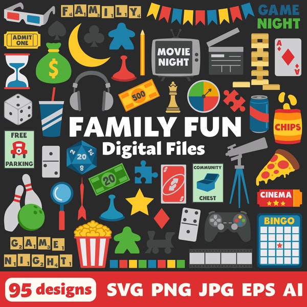 Family Fun Digital Files, SVG PNG JPG, Clipart, Cut Files, Silhouette, Cricut, Board Games, Monopoly, Pizza, Cinema, Casino, Gaming, Hobbies