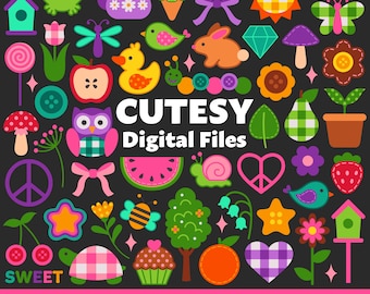 Cutesy Digital Files, SVG PNG JPG, Clipart, Cut Files, Printable, Stickers, Cricut, Girly, Pink, Nostalgic, Whimsy, Twee, Buttons, Flowers