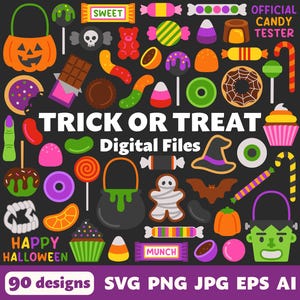 May include: A set of 90 Halloween-themed digital clip art images. The images include candy, pumpkins, ghosts, bats, witches, and other Halloween icons. The text "Trick or Treat" and "Digital Files" is included in the image. The text "90 designs SVG PNG JPG EPS AI" is also included in the image.