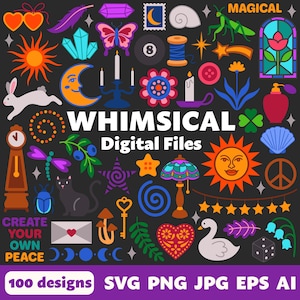 May include: A collection of colorful digital icons on a dark background featuring a rabbit, suns, moons, a black cat, a swan, mushrooms, a key, a heart, a lamp, a clock, and text reading WHIMSICAL Digital Files, CREATE YOUR OWN PEACE, and 100 designs.