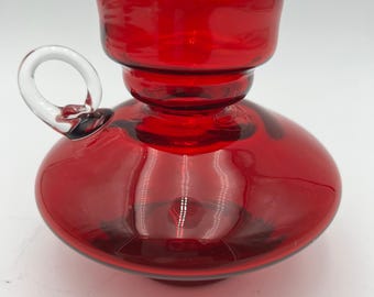 Ruby Red Blown Glass Vase Candleholder Bulb Vase With Applied Clear Handle 4.2"