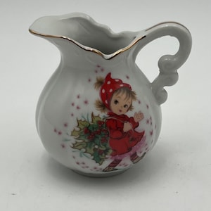 Vintage Lefton China Christmas Pitcher With Child & Holly Design Gold Trim